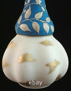 Antique Bohemian Harrach Blue Matte & Floral Enameled Art Glass Vase Gold Daubs