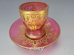 Antique Bohemian Harrach Cranberry Gold Gilt Glass Cup & Bowl 19c