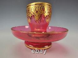 Antique Bohemian Harrach Cranberry Gold Gilt Glass Cup & Bowl 19c