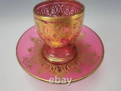 Antique Bohemian Harrach Cranberry Gold Gilt Glass Cup & Bowl 19c