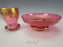 Antique Bohemian Harrach Cranberry Gold Gilt Glass Cup & Bowl 19c