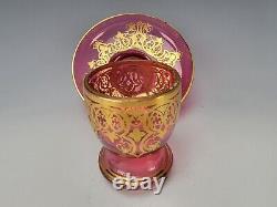 Antique Bohemian Harrach Cranberry Gold Gilt Glass Cup & Bowl 19c