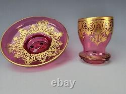 Antique Bohemian Harrach Cranberry Gold Gilt Glass Cup & Bowl 19c