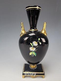 Antique Bohemian Harrach Hand Painted Enamels on a Black Glass Vase