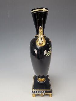 Antique Bohemian Harrach Hand Painted Enamels on a Black Glass Vase