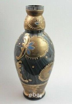 Antique Bohemian Harrach / Loetz Marmoriertes Hand Painted Floral Art Glass Vase