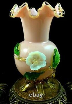 Antique Bohemian Harrach Pink Art Glass Vase with Applied Opalescent Flower