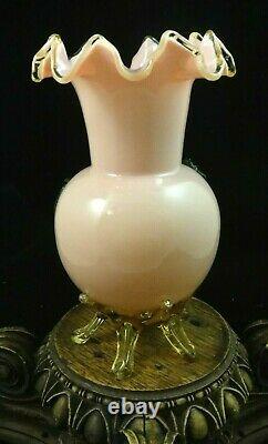 Antique Bohemian Harrach Pink Art Glass Vase with Applied Opalescent Flower