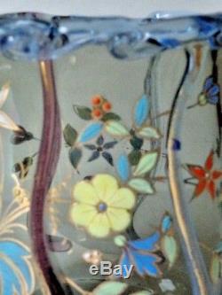 Antique Bohemian Harrach Smokey Topaz Hand Painted Enamel Vase Applied Tadpoles