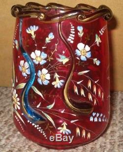 Antique Bohemian Harrach Smokey Topaz Hand Painted Enamel Vase Applied Tadpoles