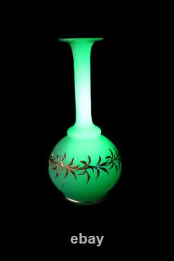 Antique Bohemian Harrach uranium glass enamel mint green vase 1850-1870