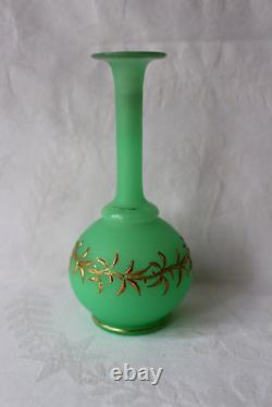 Antique Bohemian Harrach uranium glass enamel mint green vase 1850-1870