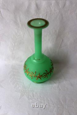 Antique Bohemian Harrach uranium glass enamel mint green vase 1850-1870
