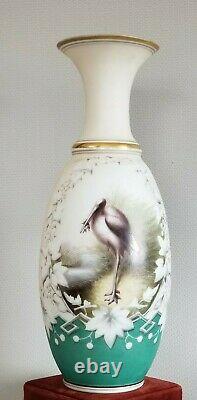 Antique Bohemian Harrach vase satin Beautiful enamel stork wildlife