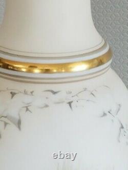 Antique Bohemian Harrach vase satin Beautiful enamel stork wildlife