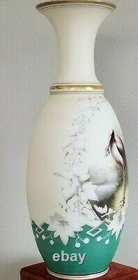 Antique Bohemian Harrach vase satin Beautiful enamel stork wildlife