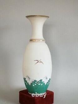 Antique Bohemian Harrach vase satin Beautiful enamel stork wildlife