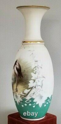 Antique Bohemian Harrach vase satin Beautiful enamel stork wildlife