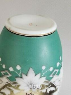 Antique Bohemian Harrach vase satin Beautiful enamel stork wildlife