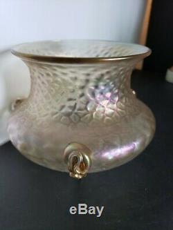 Antique Bohemian Kralik Rigaree Iridescent gold Gilted Art Glass Short Vase