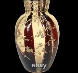 Antique Bohemian Loetz Harrach Horn Glass Vase Gold Enamel Flowers Art Nouveau