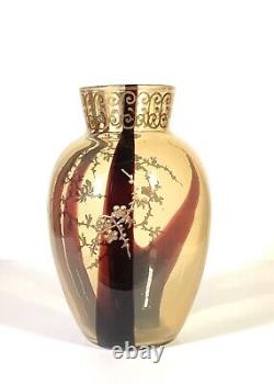 Antique Bohemian Loetz Harrach Horn Glass Vase Gold Enamel Flowers Art Nouveau