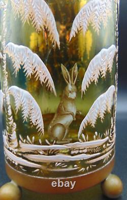 Antique Bohemian MOSER Hand Painted Enamel WINTER SNOW RABBIT Art Glass Vase