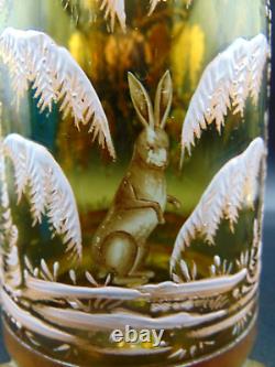 Antique Bohemian MOSER Hand Painted Enamel WINTER SNOW RABBIT Art Glass Vase