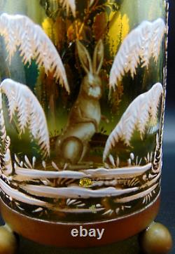 Antique Bohemian MOSER Hand Painted Enamel WINTER SNOW RABBIT Art Glass Vase