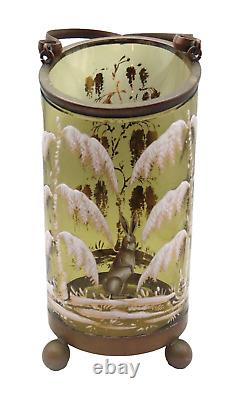 Antique Bohemian MOSER Hand Painted Enamel WINTER SNOW RABBIT Art Glass Vase