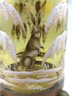 Antique Bohemian MOSER Hand Painted Enamel WINTER SNOW RABBIT Art Glass Vase