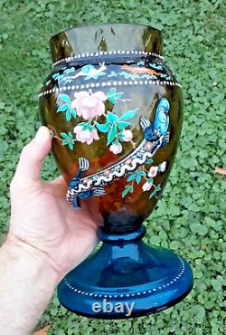 Antique Bohemian Moser Art Glass SALAMANDER Enameled Animals 10 Footed Vase
