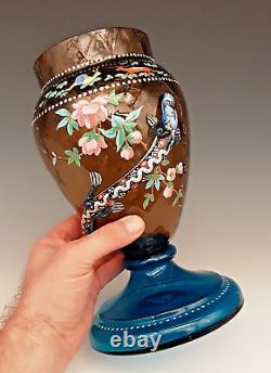 Antique Bohemian Moser Art Glass SALAMANDER Enameled Animals 10 Footed Vase