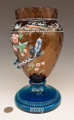 Antique Bohemian Moser Art Glass SALAMANDER Enameled Animals 10 Footed Vase