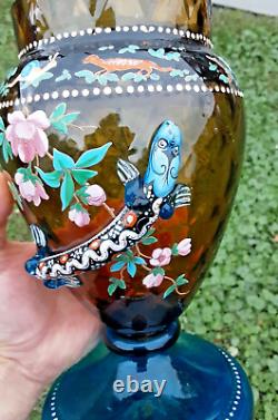 Antique Bohemian Moser Art Glass SALAMANDER Enameled Animals 10 Footed Vase