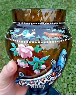 Antique Bohemian Moser Art Glass SALAMANDER Enameled Animals 10 Footed Vase