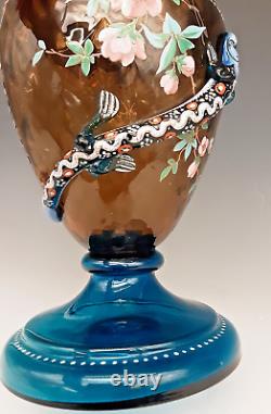 Antique Bohemian Moser Art Glass SALAMANDER Enameled Animals 10 Footed Vase