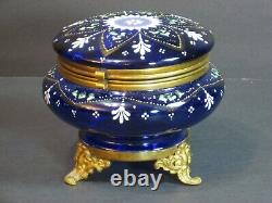 Antique Bohemian Moser Cobalt Blue Enameled Art Glass Footed Trinket Box 5 Rare