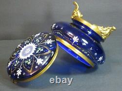 Antique Bohemian Moser Cobalt Blue Enameled Art Glass Footed Trinket Box 5 Rare