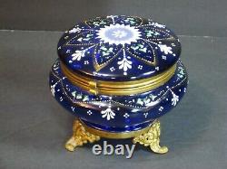 Antique Bohemian Moser Cobalt Blue Enameled Art Glass Footed Trinket Box 5 Rare