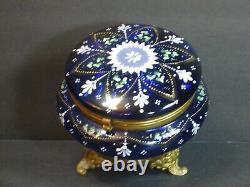 Antique Bohemian Moser Cobalt Blue Enameled Art Glass Footed Trinket Box 5 Rare
