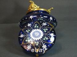 Antique Bohemian Moser Cobalt Blue Enameled Art Glass Footed Trinket Box 5 Rare