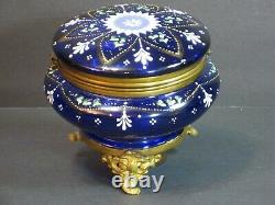 Antique Bohemian Moser Cobalt Blue Enameled Art Glass Footed Trinket Box 5 Rare