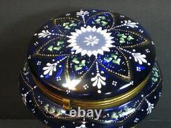 Antique Bohemian Moser Cobalt Blue Enameled Art Glass Footed Trinket Box 5 Rare