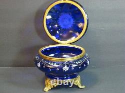 Antique Bohemian Moser Cobalt Blue Enameled Art Glass Footed Trinket Box 5 Rare