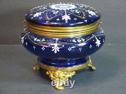 Antique Bohemian Moser Cobalt Blue Enameled Art Glass Footed Trinket Box 5 Rare