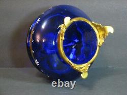 Antique Bohemian Moser Cobalt Blue Enameled Art Glass Footed Trinket Box 5 Rare