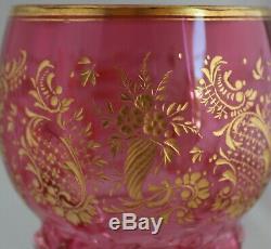 Antique Bohemian Moser Cranberry Engraved Gold Gilt Glass Wine Goblet