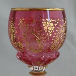 Antique Bohemian Moser Cranberry Engraved Gold Gilt Glass Wine Goblet