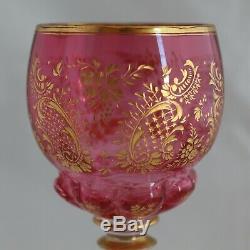 Antique Bohemian Moser Cranberry Engraved Gold Gilt Glass Wine Goblet